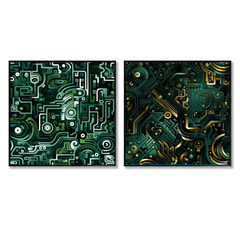 Chiyoe - Ensemble de 2 collages carrés à formes abstraites, Cadre flottant noir, H 16 po x l 33 po