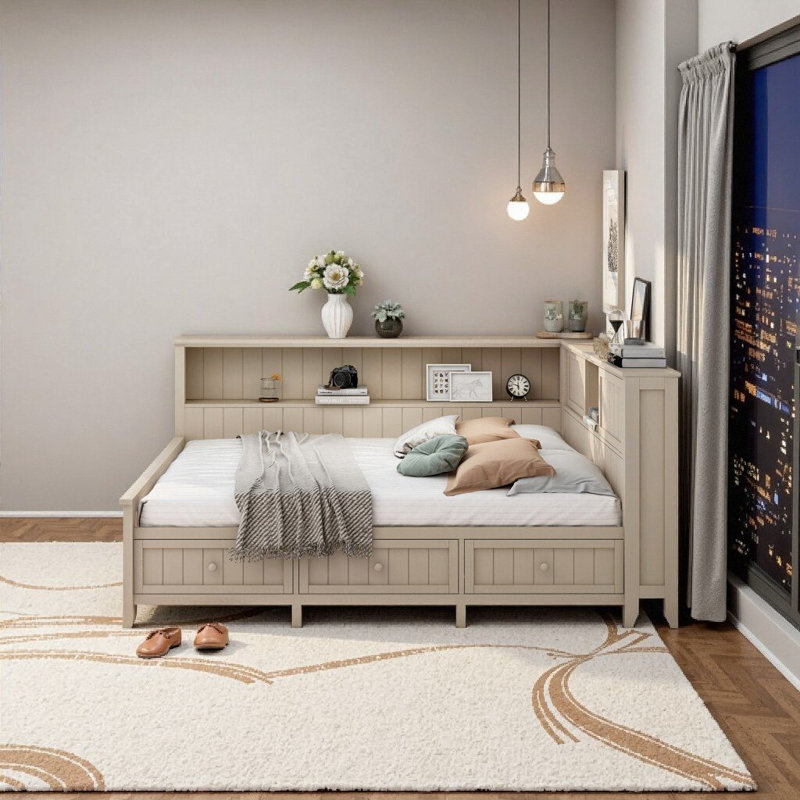 Storage Daybed Farmhouse Style - Full Size Bed Frame with Shelves & Drawers, Antique White, Lit double