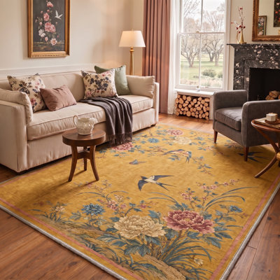 Tapis floral orange / bleu lavable à la machine avec envers antidérapant