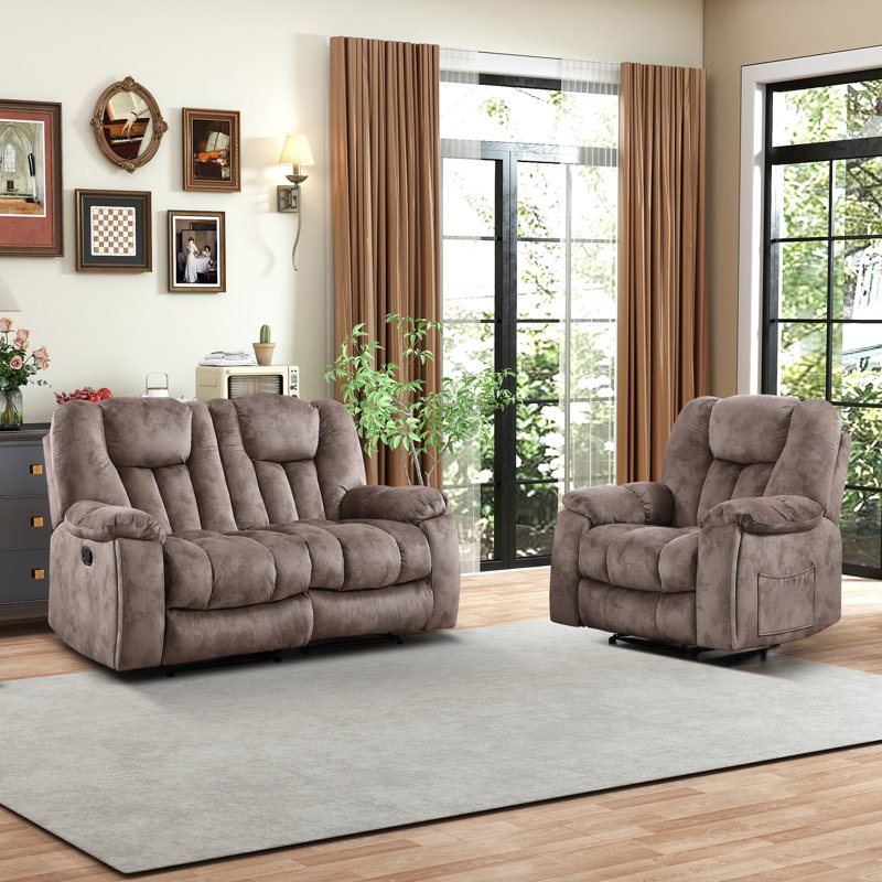 Ensemble de salon inclinable manuel 2 pièces en microsuède avec porte-gobelets, Brun