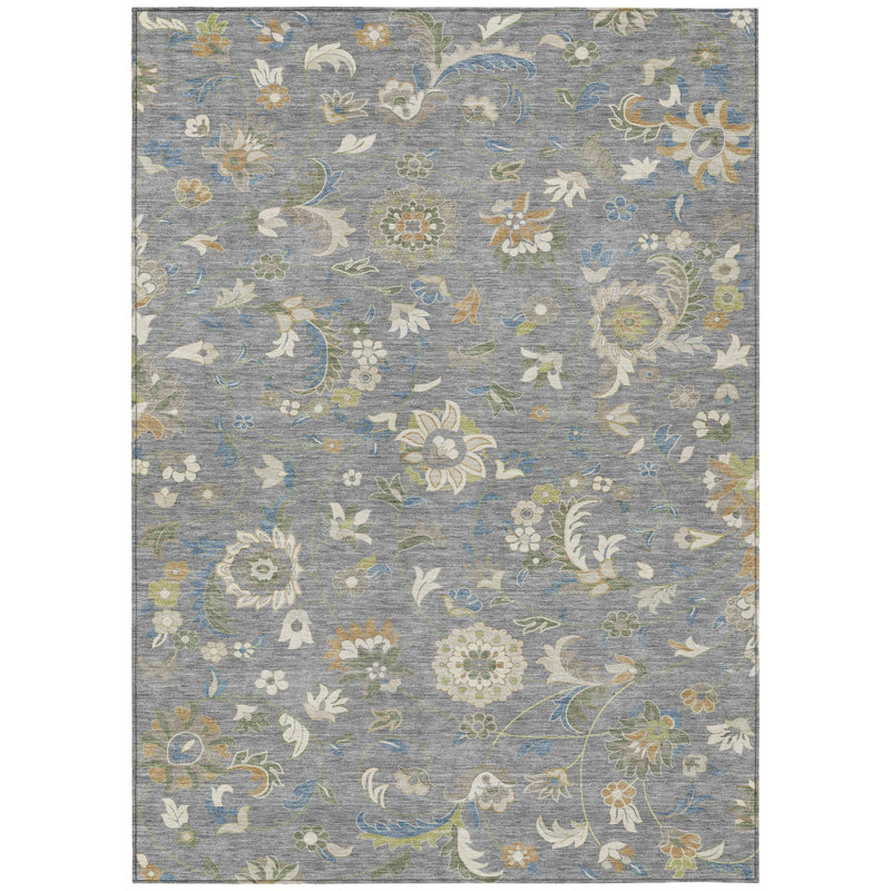 3' X 5' Gray Blue And Green Floral Washable Indoor Outdoor Area Rug