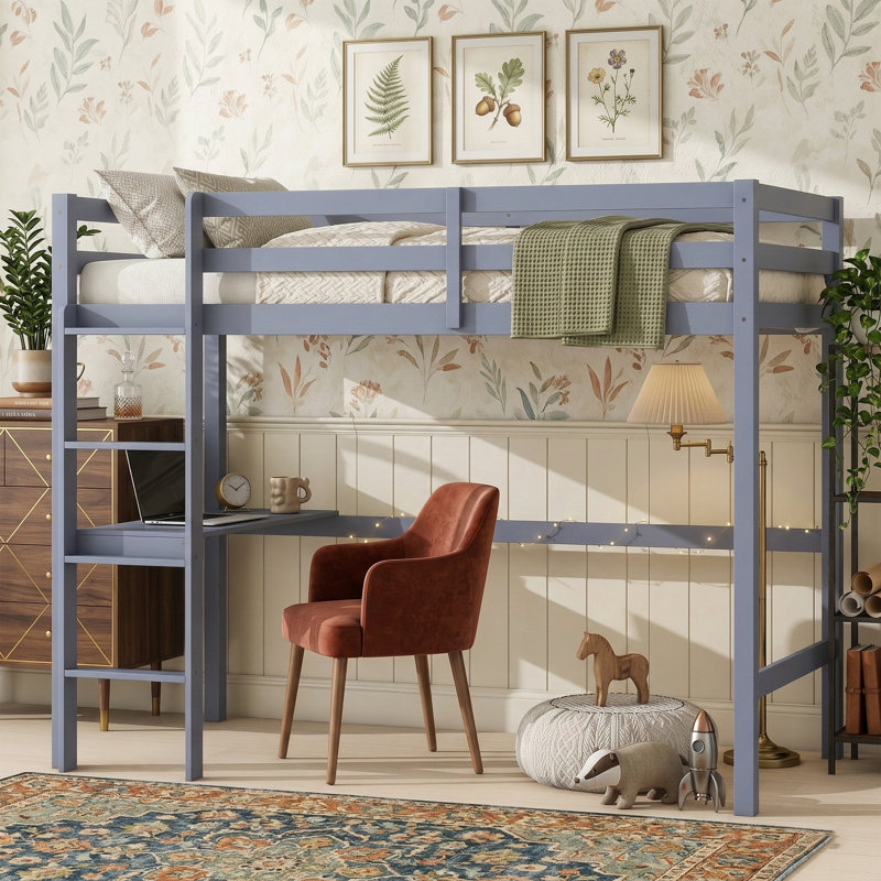 Lit mezzanine simple haut 78,6 po avec bureau intégré - Structure de lit d'étude en bois d'hévéa massif - Échelle de sécurité intégrée et garde-corps - Gris