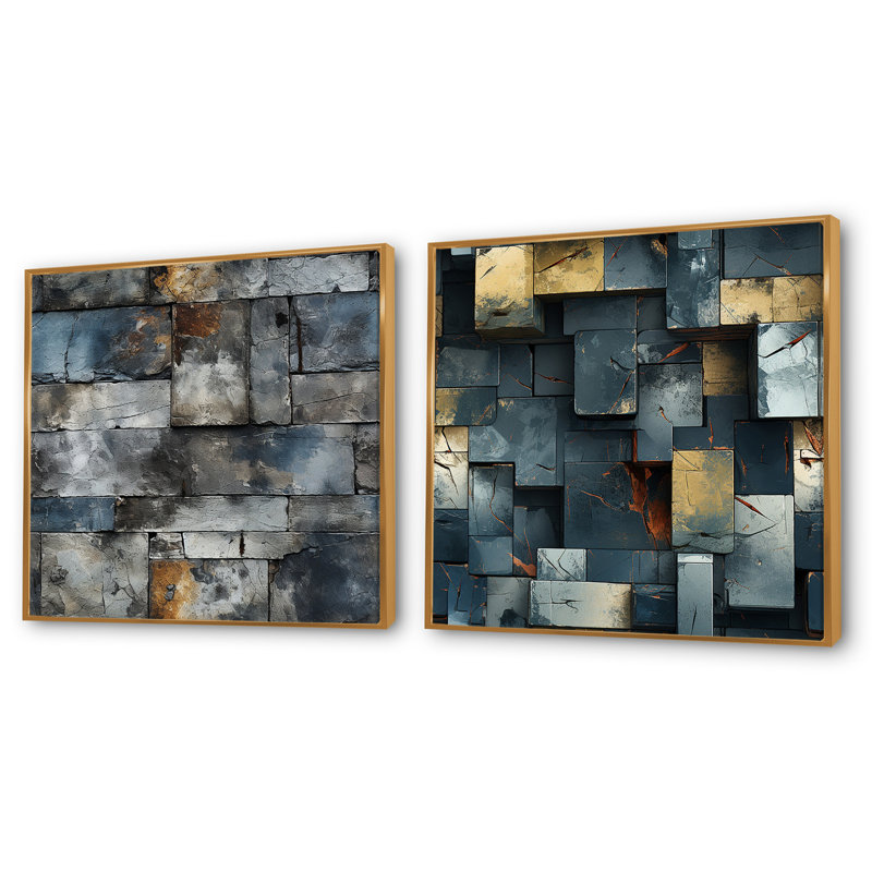 Fontayne - Ensemble de 2 collages carrés abstraits, Cadre flottant doré, H 30 po x l 61 po