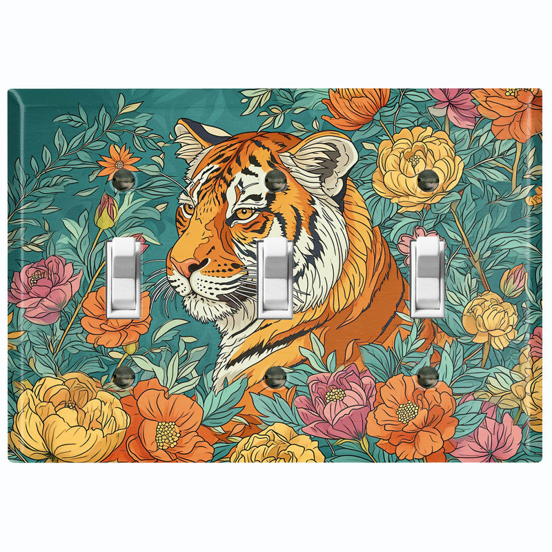 Couvercle de plaque d'interrupteur en métal; Bascule à 3 bandes US standard - Tiger in the Meadow, Triple # 3