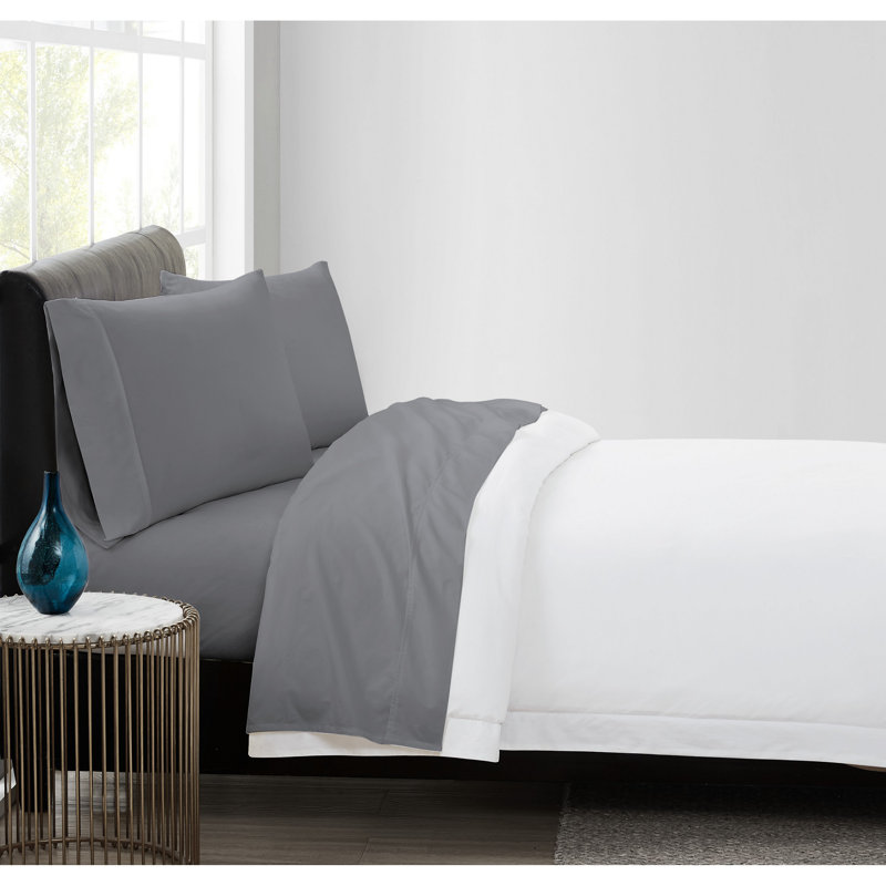 Vince Camuto 400TC Percale Cotton Sheet Set, King Sheet Set + Fitted Sheet + 2 Pillowcases, Gray