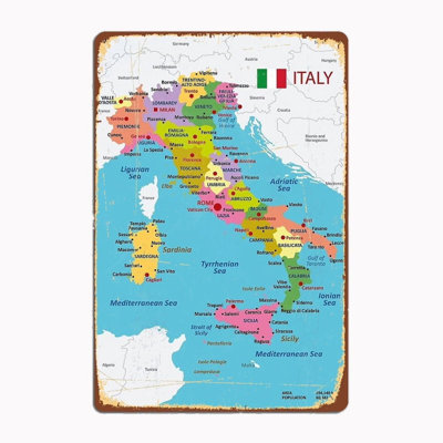 Italy Map with Regions and Main Cities Metal Sign Mural Painting Cinema Living Room Cinema Funny Aluminum Poster Retro Home Tavern Size: 8 x 12 Inches