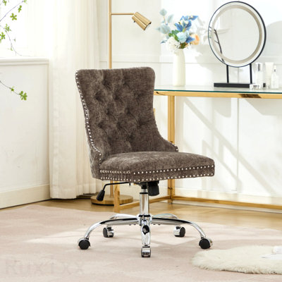 Chaise de bureau grise, fauteuil de bureau moderne capitonné en chenille, avec base en métal chromé, chaise de bureau pivotante réglable