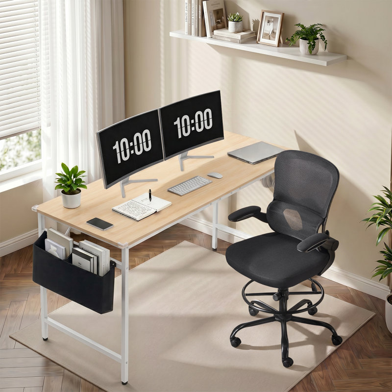 2 Piece Office Sets Computer Desk & Office Chair, Beige/White Table/Black Chair