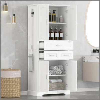 Grande armoire de rangement pour salle de bain, tour à linge autoportante avec 4 portes et 3 tiroirs, tablettes réglables, organisateur de salle de bain en panneau de fibres à densité moyenne avec crochet en alliage d'aluminium