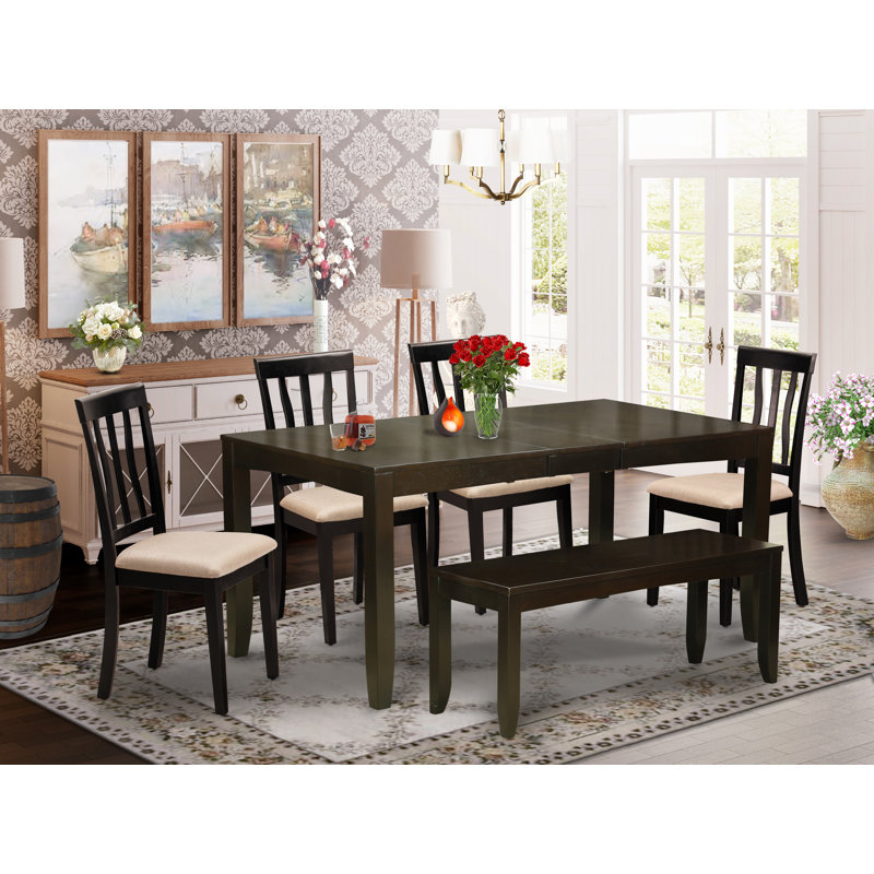 L'ensemble de table de salle à manger 6 pièces contient une table de salle à manger rectangulaire avec feuille papillon et 4 chaises en tissu de lin avec banc, cappuccino