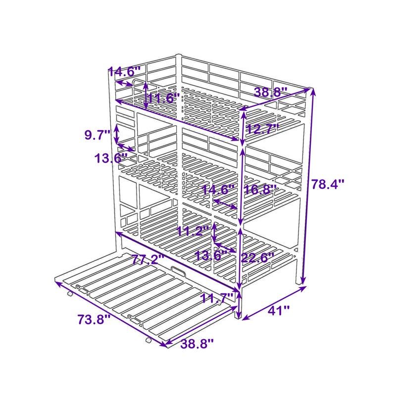 Heavy-Duty Twin Metal Triple Bunk Bed With Twin Trundle, Black