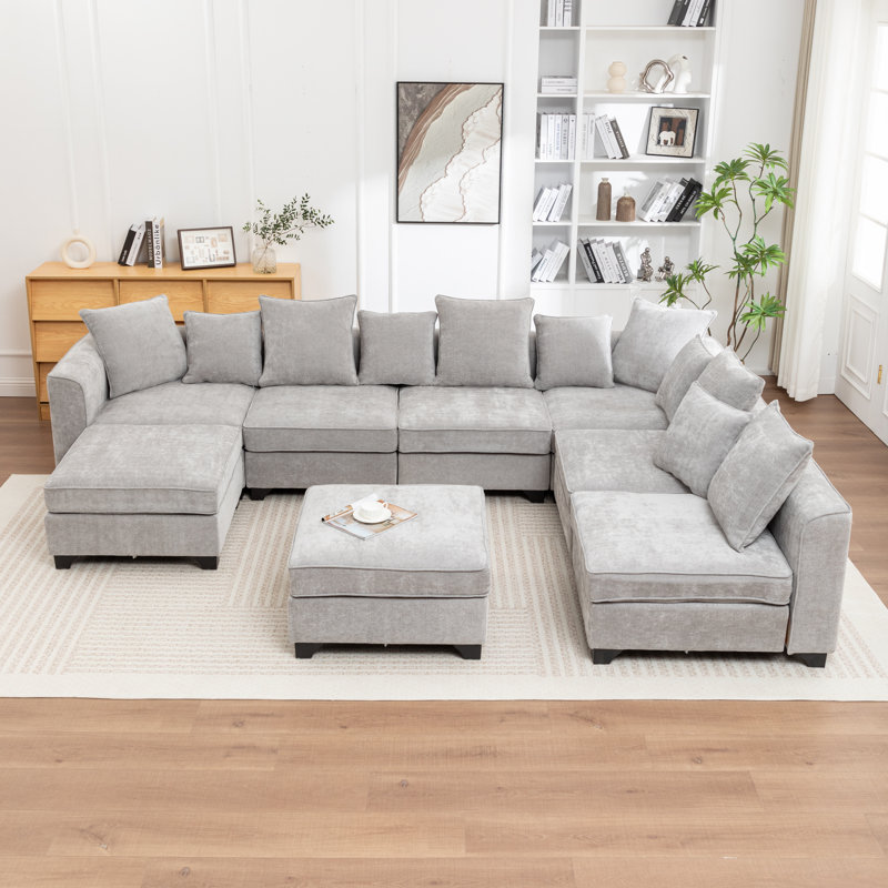 Kempson 8 - Piece Upholstered U-Shaped Sectional Sofa With Two Ottomans, Gray Polyester