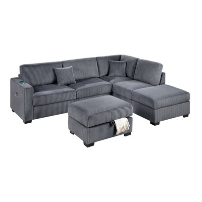 Dark Gray Wide - Welt Corduroy L Shaped Sectional With Reversible Chaise, And Cushions For Stylish Living Included Cozy