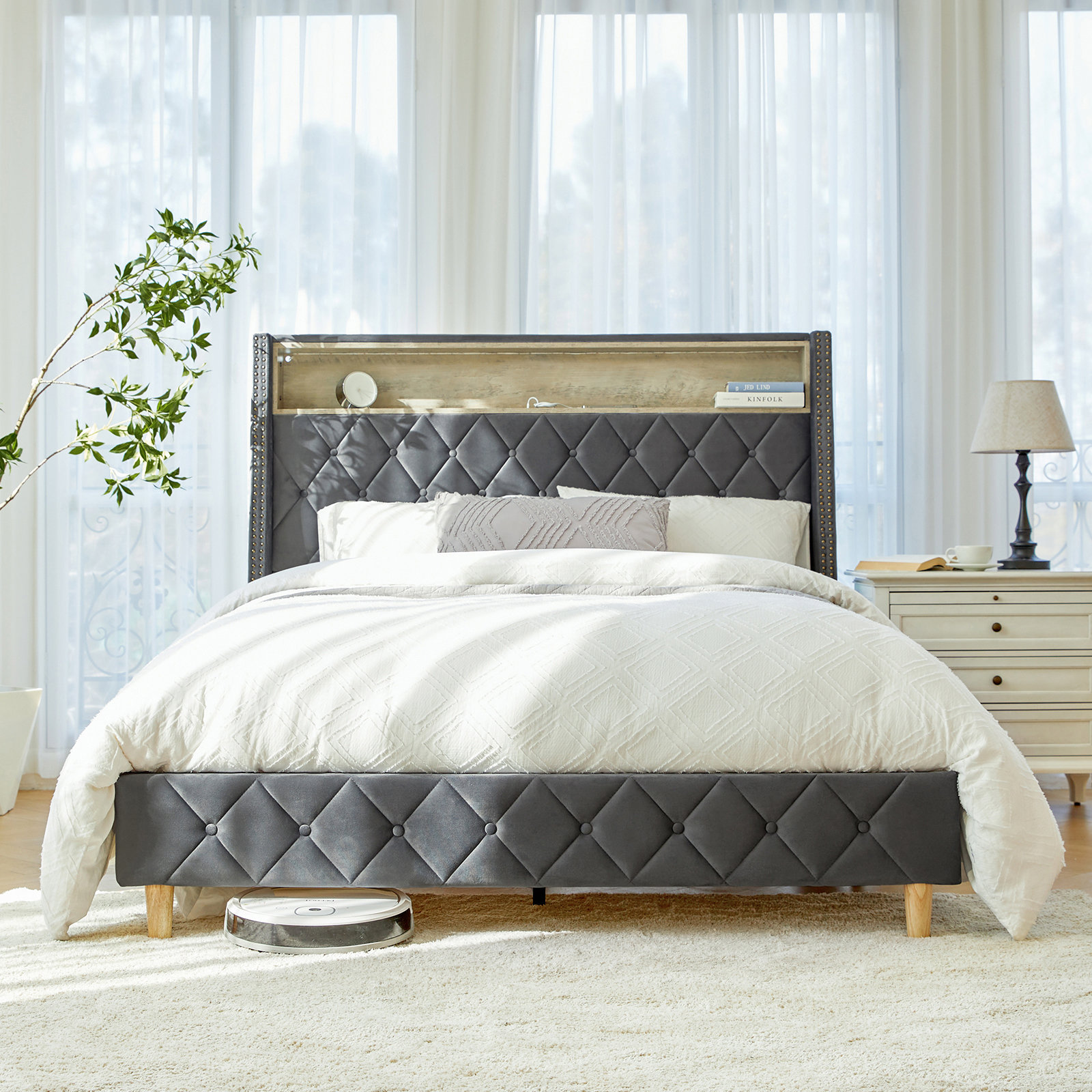 Eluid  Tall Wingback Bed With Built-In Lighting and Power Outlets , Storage High Headboard