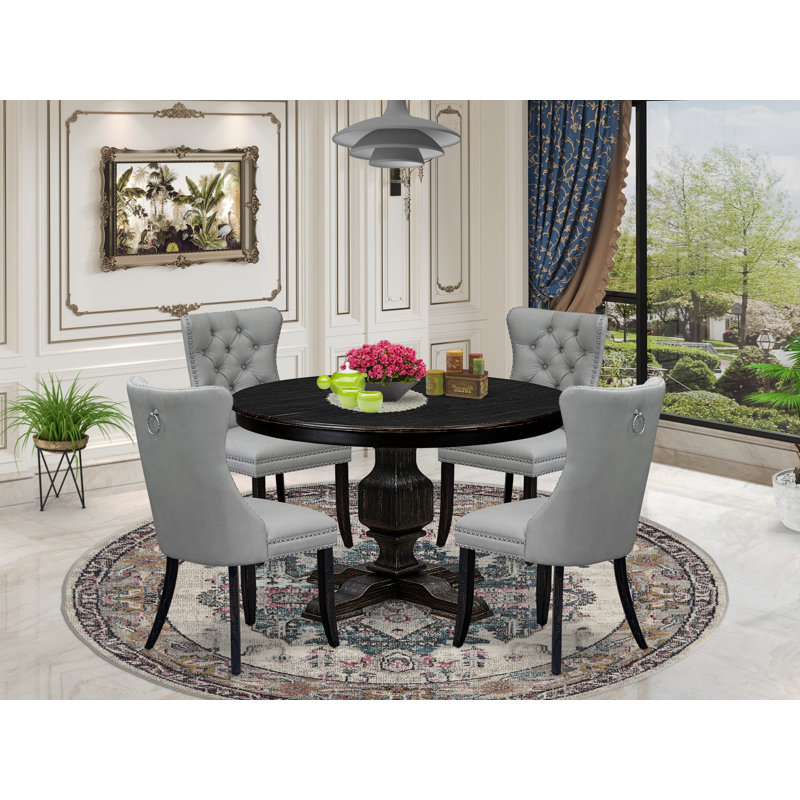 5 Piece Dining Table Set Includes a 48" Round Table with Pedestal and 4 Light Gray Polyester Fabric Parson Chairs, Sand Blasted Black