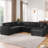 Black U-Shaped Sectional , Luxurious Corduroy, Convenient Chaise Lounge, Three Pillows, For Listening To Music Taking A Nap-2051835384