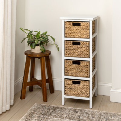 Armoire de rangement à 2 niveaux en bois d'acacia fabriqué à la main de style bohémien Cohen 24 po avec 1 panier en jacinthe d'eau naturelle
