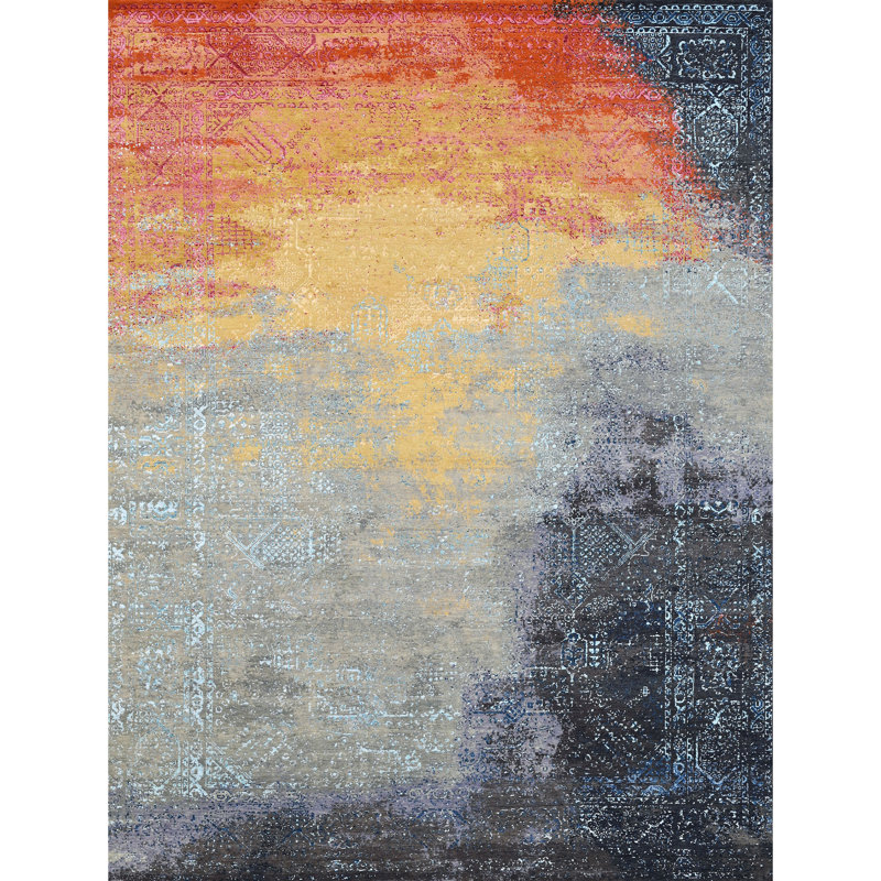 Tapis noué à la main en rouge / gris / noir, Rectangle 9 pi x 12 pi
