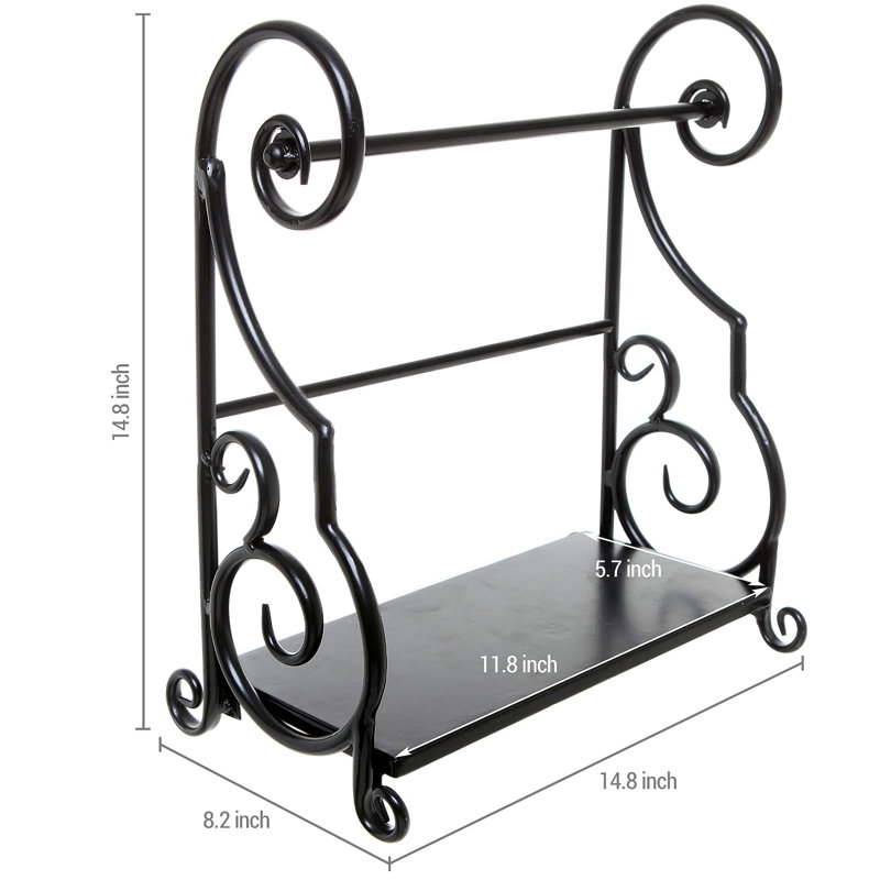 Metal Paper Towel Holder Stand With Shelf – Black Metal Freestanding Countertop Organizer For Kitchen, Scrollwork Design, Horizontal Storage For Spices, Napkins, And Condiments