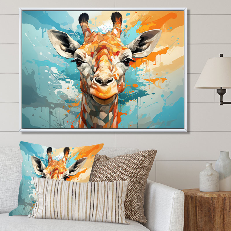 Kristyne Giraffe Elegant Geometric - Girafe, art mural, 30" H x 40" W, Cadre flottant blanc