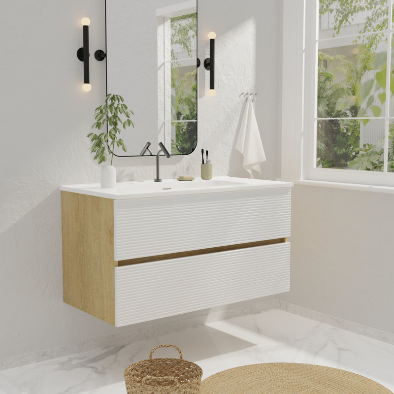 Meuble-lavabo simple 36 po avec plateau pré-assemblé, Blanc neige / chêne naturel