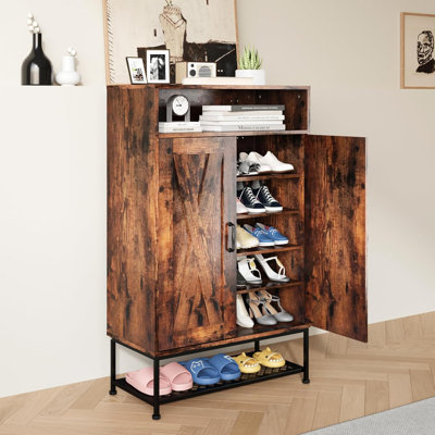 7-Tier Shoe Storage Cabinet With Doors And Removable Shelves, Large Entryway Shoe Organizer With Open Storage, Rustic Brown Wooden Design