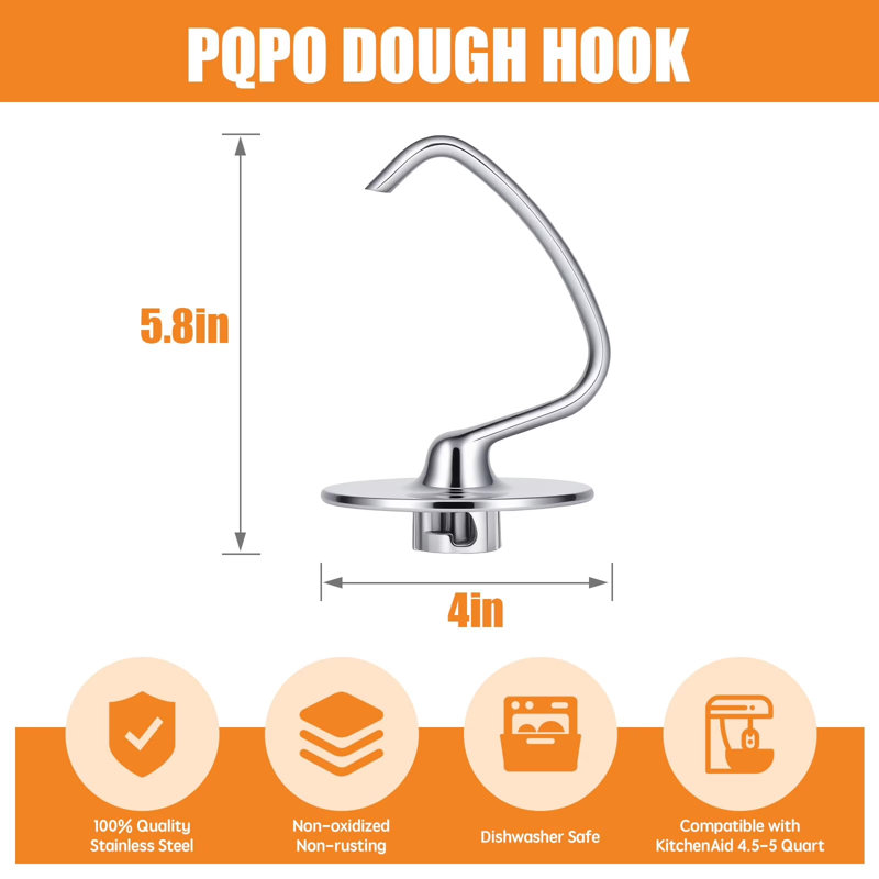 Crochet pétrisseur en acier inoxydable PQPO compatible avec les robots pâtissiers KitchenAid à tête inclinable de 4,5 à 5 litres. Pétrissage efficace pour le pain, les pâtes et les pizzas. Résistant à la rouille et au lave-vaisselle.