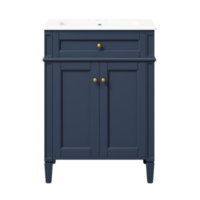 Meuble-lavabo moderne blanc autoportant de 61 cm (24 po) avec lavabo en céramique, tiroir basculant et 2 portes à fermeture en douceur avec rangements intégrés