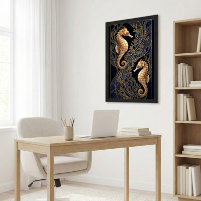 Toile noire encadrée en bois noir pour le salon, la chambre à coucher, le bureau ou le vestibule - décoration murale décorative avec art hippocampe