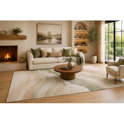 "Ultra Light Weight" Large 6'7" x 9'10"   Sage Green and Beige Flowing Marble Ribbons Area Rug for Living Room, Soft Low Pile Carpet with Non-Slip Silicone Backing, Decor for Bedroom, Dining Area and Home Office