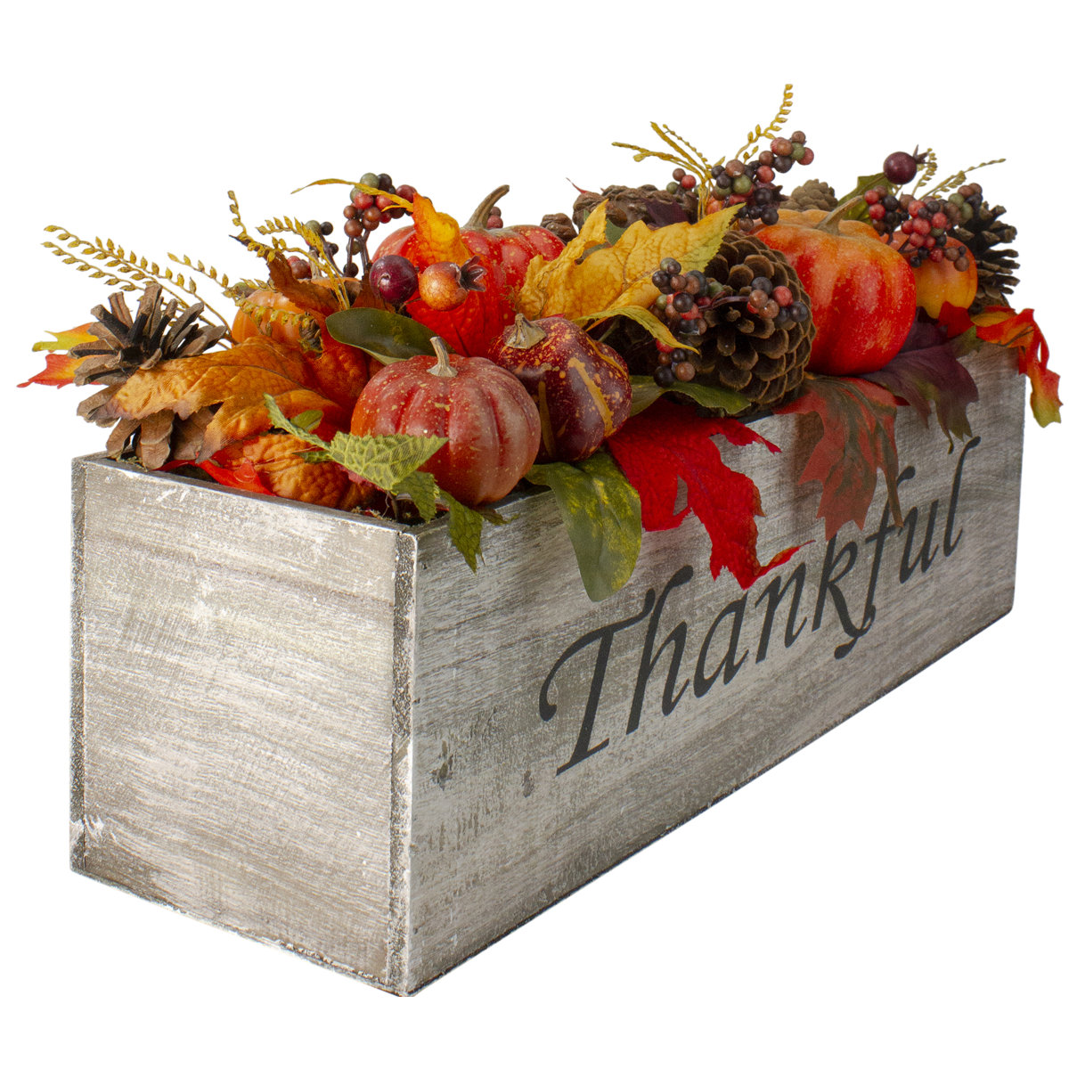 Wooden box that reads Thankful with faux gourds, leaves, and pines cones within