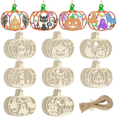 80 PCS décorations d'Halloween en bois citrouilles pour peindre des découpes d'Halloween non finies, bricolage blanc non fini fantôme toile d'araignée chat noir