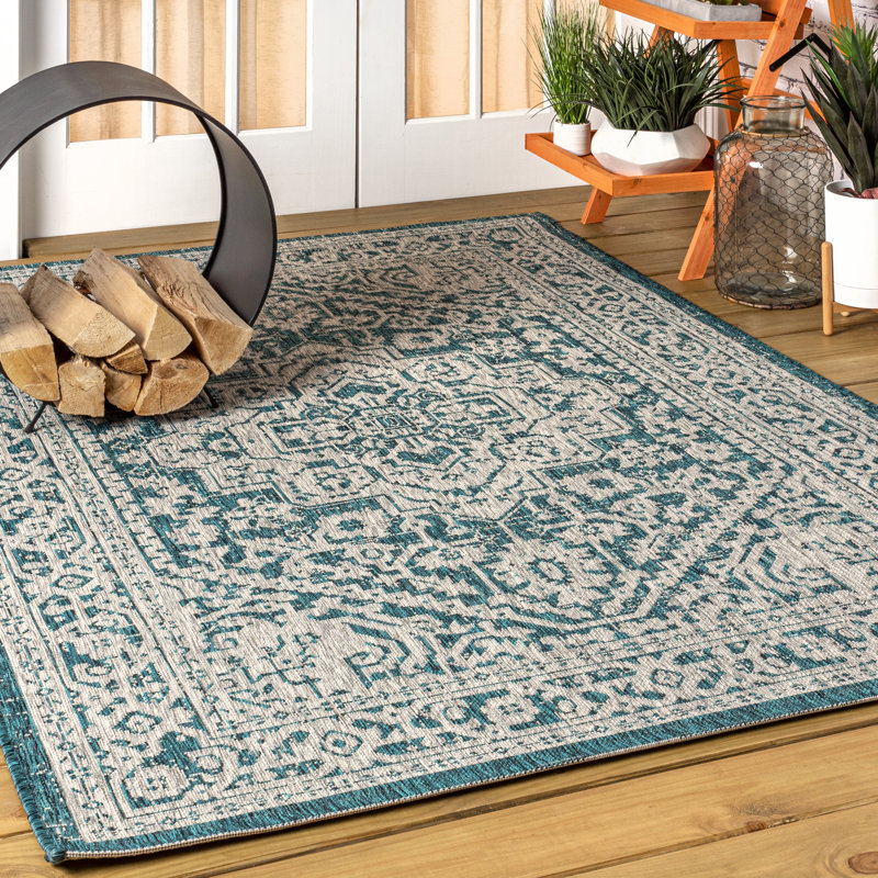 Moten Medallion Textured Weave Teal Blue/Gray Indoor/Outdoor Rug, Rectangle 6' x 9'