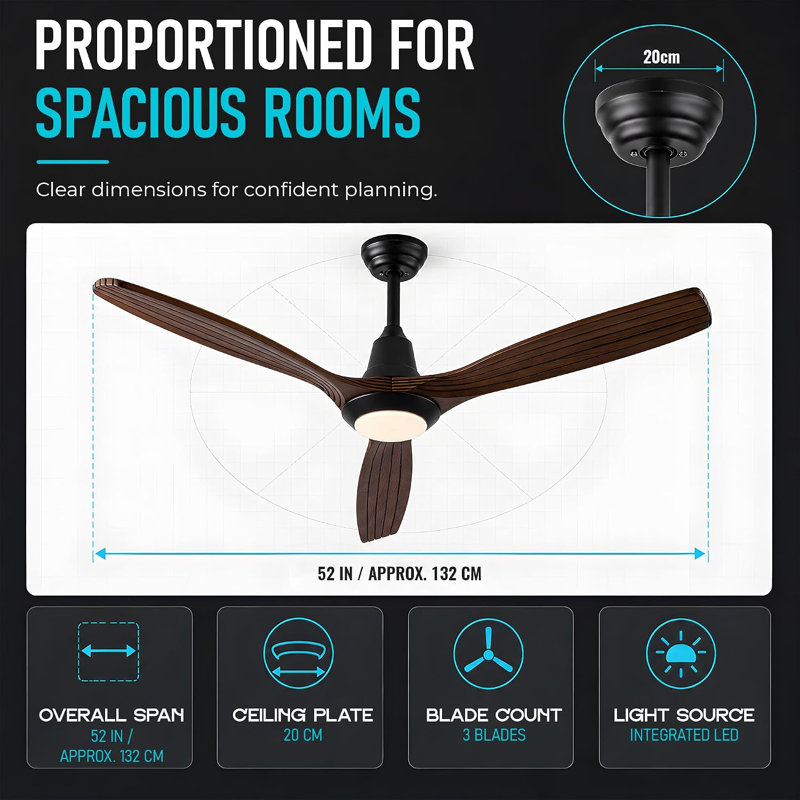 52 Inch Black Walnut Wood Effect Ceiling Fan with LED Light and Remote