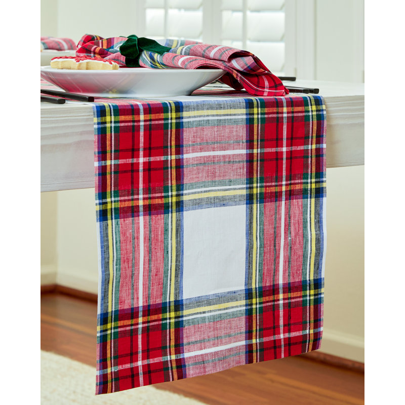 Stewart Plaid - 100% Pure Linen Christmas Table Runner, 132" x 14", Red/Black
