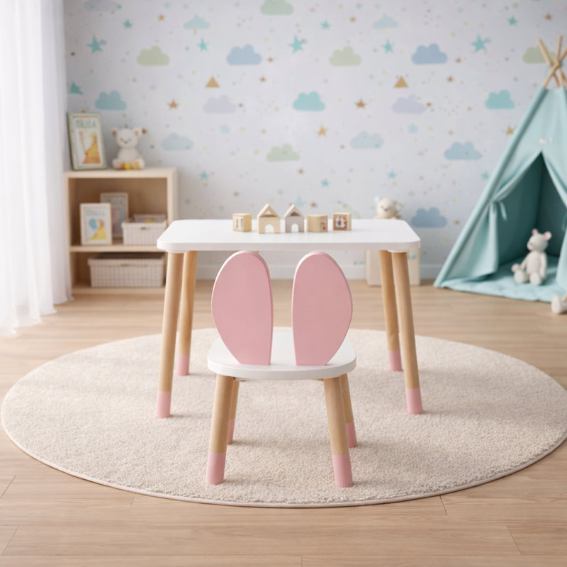 Ensemble de table et chaises en bois pour enfants, Blanc / naturel / rose