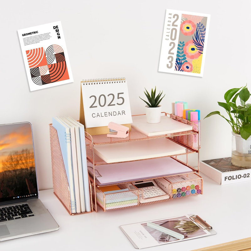 Ensemble de rangement de bureau à 4 niveaux or rose avec porte-classeur