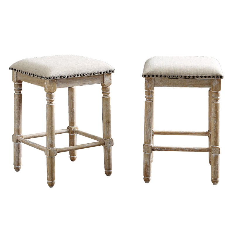 Set Of 2 Wood Upholstered Counter Height Stool, Tan