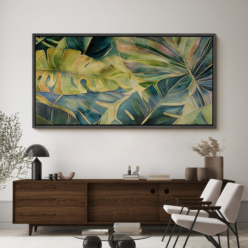 «Blueish Green Tropical Leaves», art mural, impression numérique sur toile, art numérique, H 30 po x l 60 po