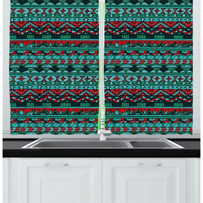 Aztec Pattern Blue and Red Light-Filtering Kitchen Curtains