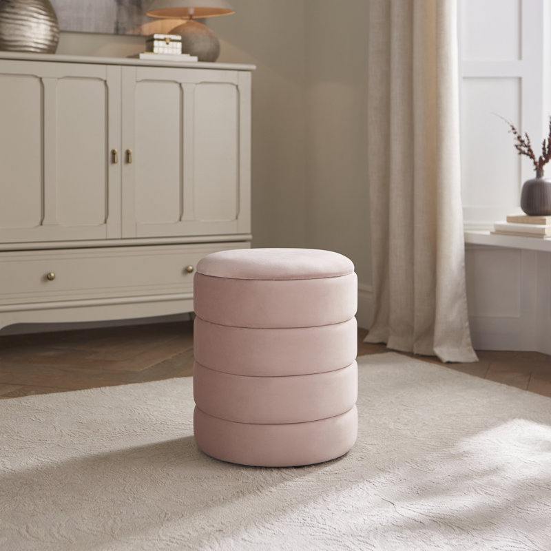 36cm Wide Velvet Round No Pattern Pouffe Ottoman with Storage, Blush Pink