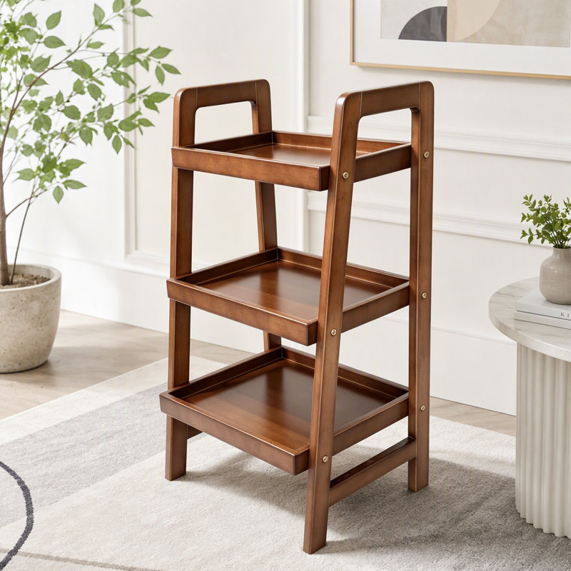 Étagère échelle à 3 niveaux 100 % bois massif, petite bibliothèque en bois massif, étagère échelle en bois d'hévéa massif pour petits espaces