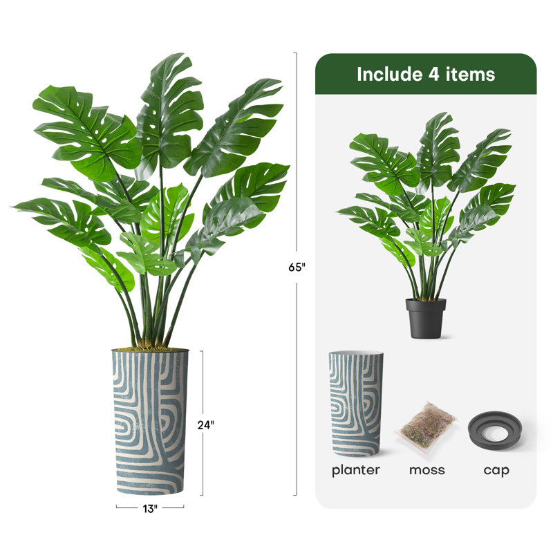 Arbre artificiel dans un pot de fleurs moderne, décoration d'arbre en soie artificielle Monstera (pot et arbre), H 65 po