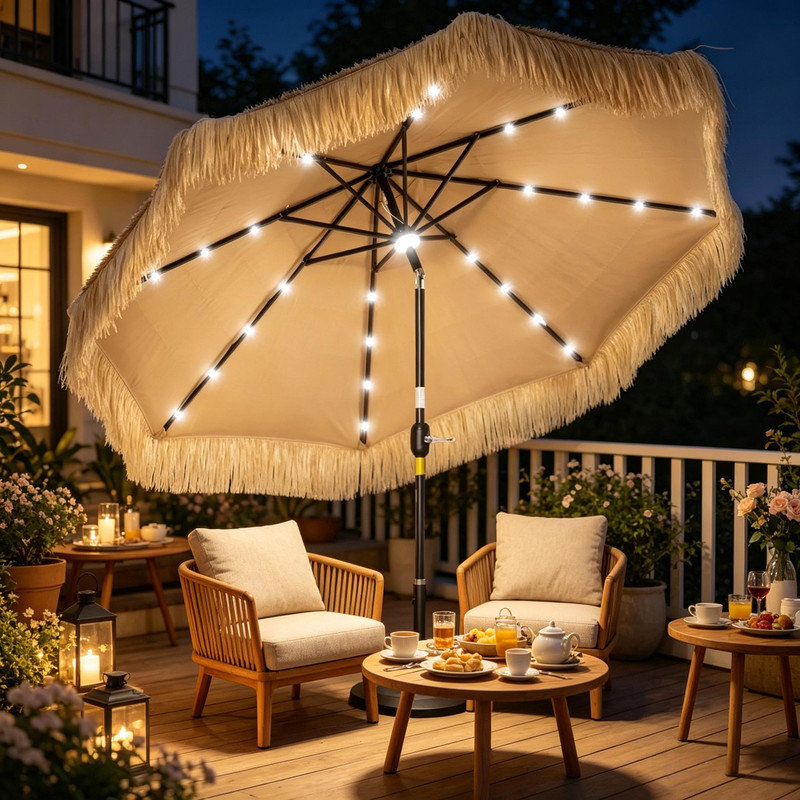 Parasol de jardin rond 8,7 pi avec paillettes avec lumières DEL solaires et inclinaison à 30 ° (support non inclus)