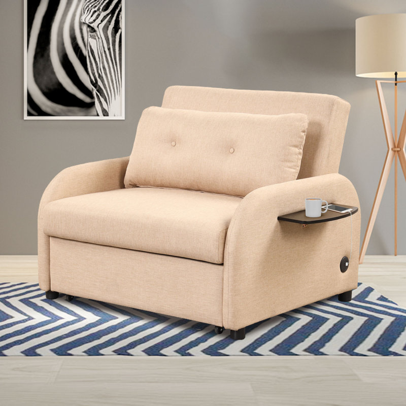 Carianna Twin 41.5'' Upholstered Futon Chair, Beige 100% Linen