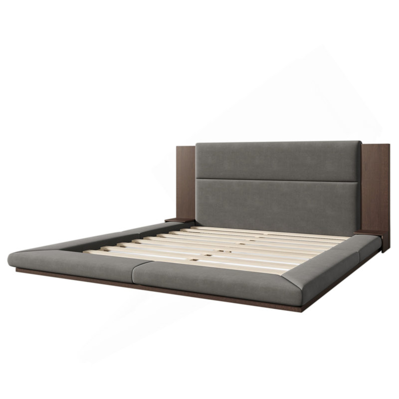 Lit plateforme tapissier de plancher avec tête de lit en bois allongée et tablette de chevet, aucun sommier nécessaire, très grand, gris