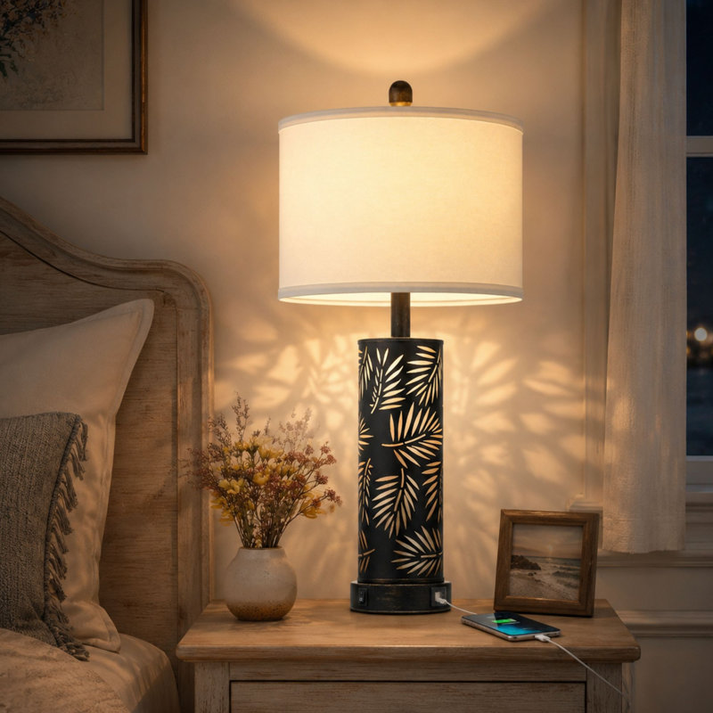 27" Bedside Table Lamps with Decorative Light Pattern, USB Charging Ports & LED Bulbs Included, Leaf Frond Black