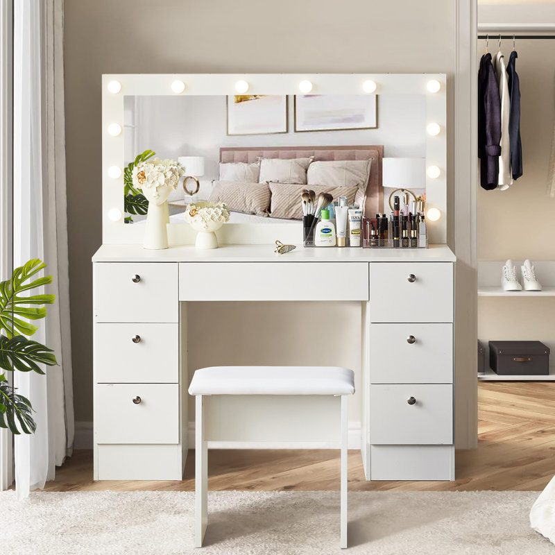 Dressing Table With Mirror, 7 Drawers Vanity Table With 3 Colors LED Light