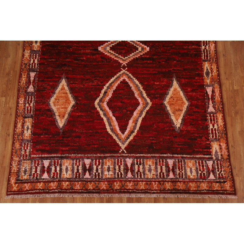 Tapis rouge en laine noué à la main de conception unique 6 pi 9 po x 10 pi New Age