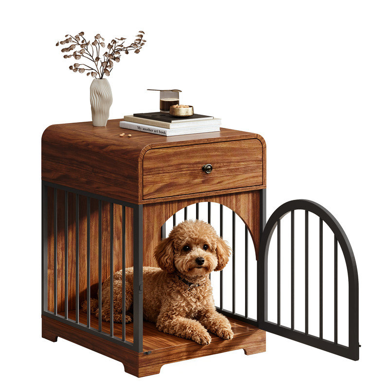 Table de bout en bois avec cage de rangement pour chien et tiroir de rangement, Brun